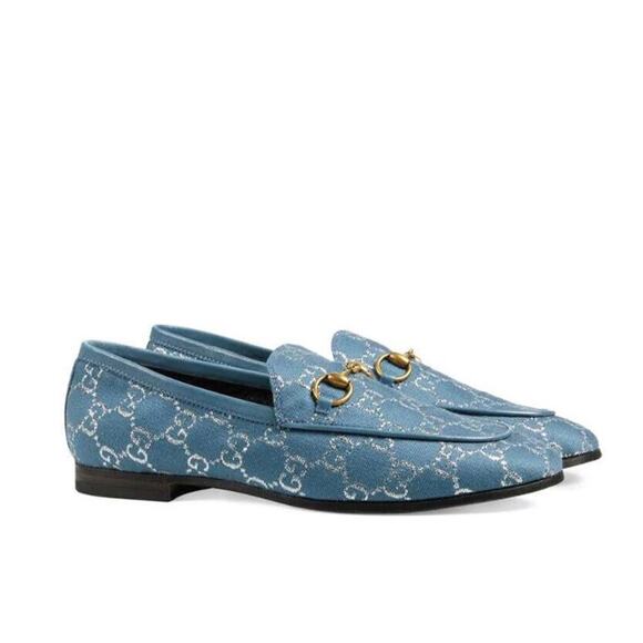 Gucci Horsebit Jordaan Lame Fabric Loafers Blue Silver Size 37.5 - Picture 5 of 13